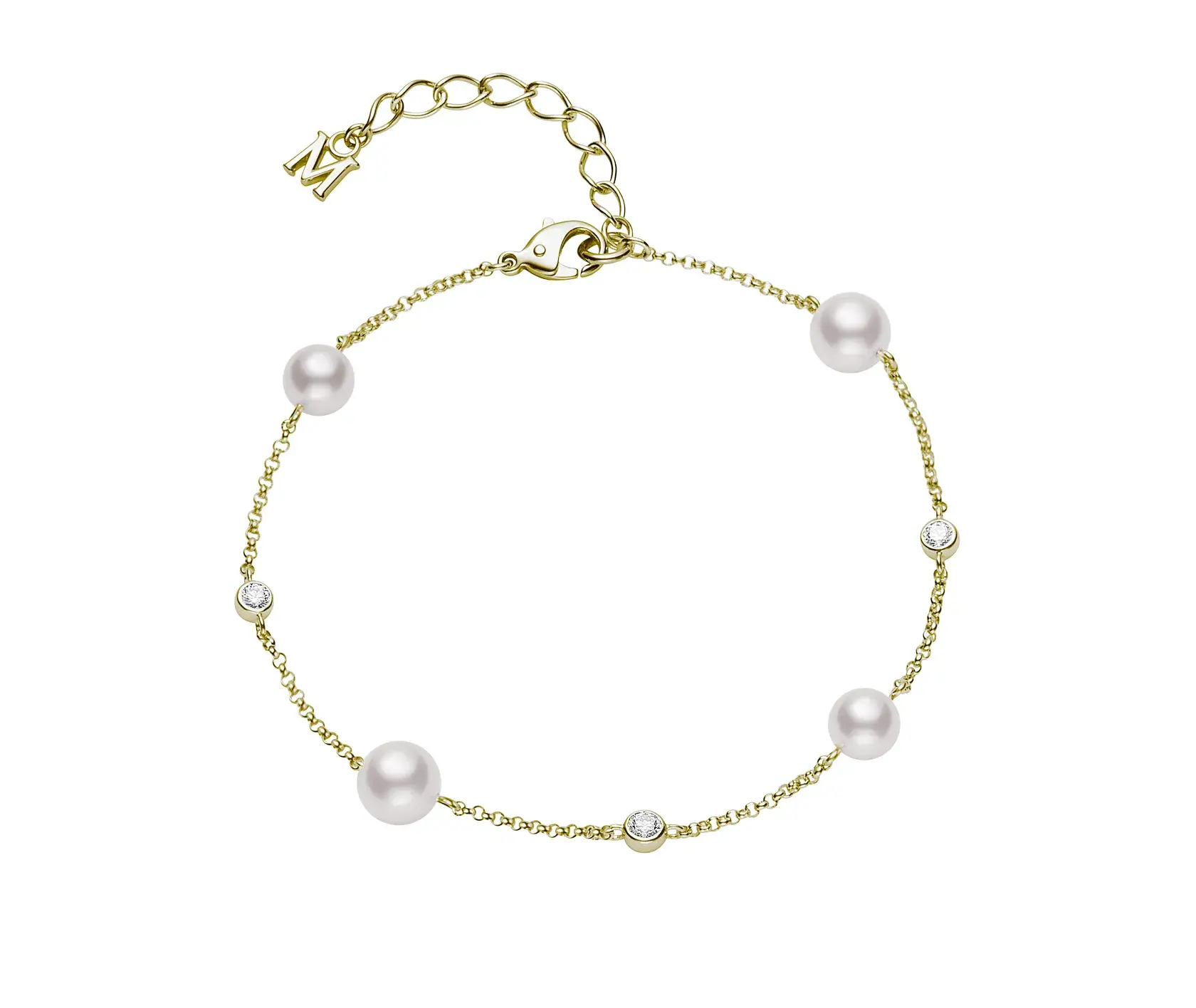 Station Akoya Cultured Pearl and Diamond 18K Yellow Gold Bracelet
