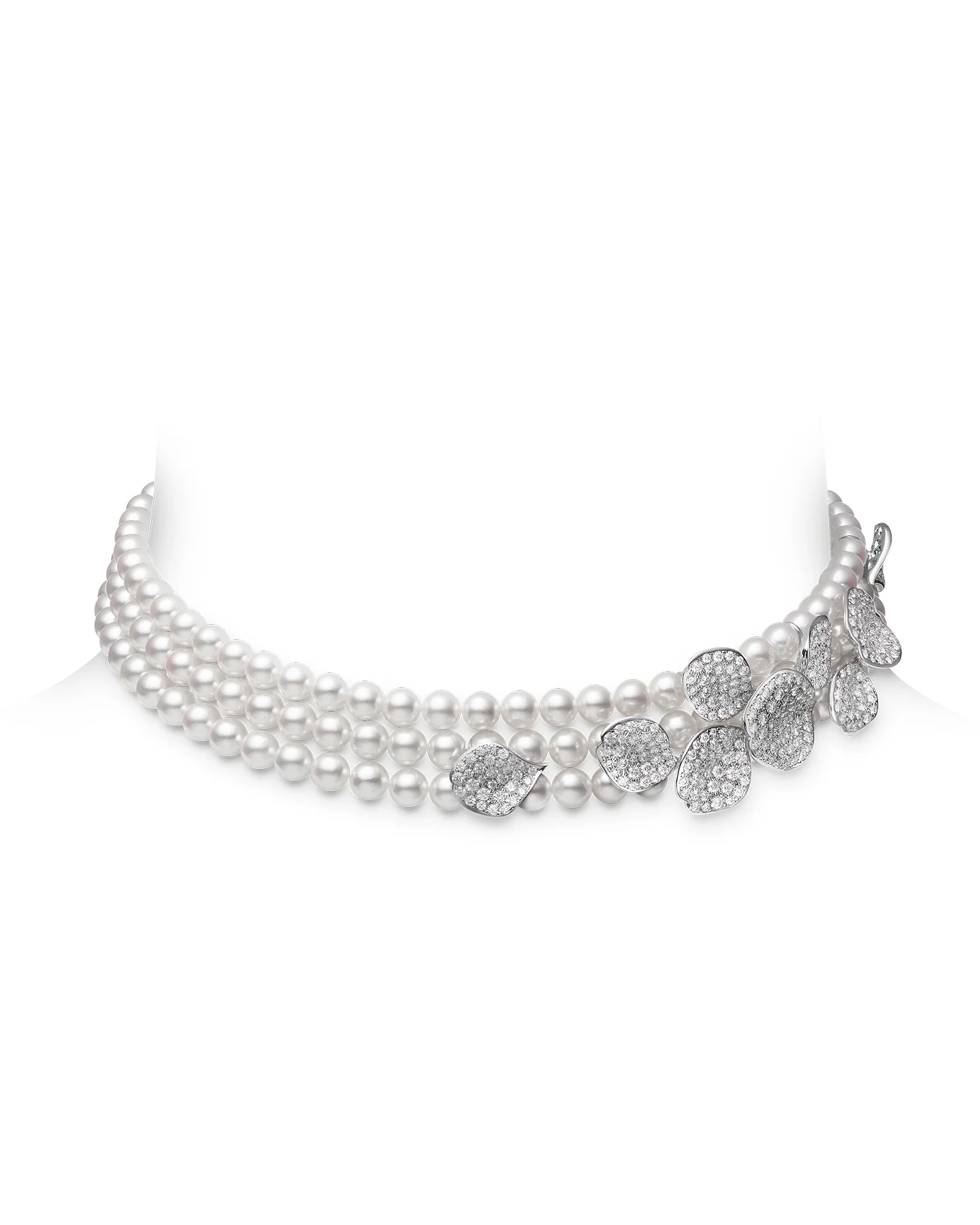 Les Pétales Place Vendôme Akoya Cultured Pearl Triple Collar Necklace with Diamonds Set in 18k White Gold