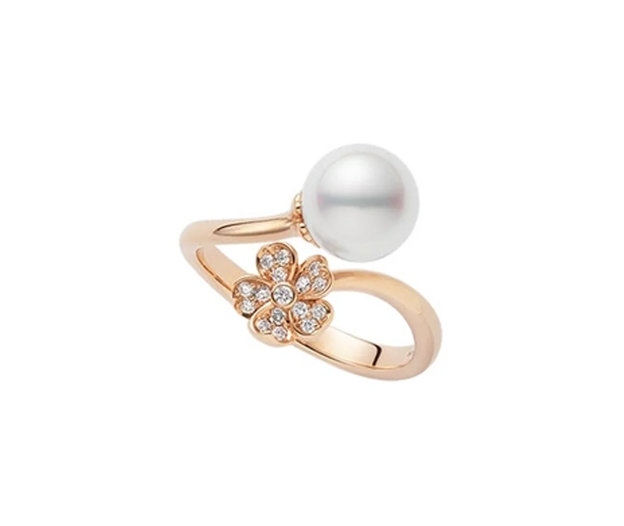 Cherry Blossom Akoya Cultured Single Pearl and Diamond Ring