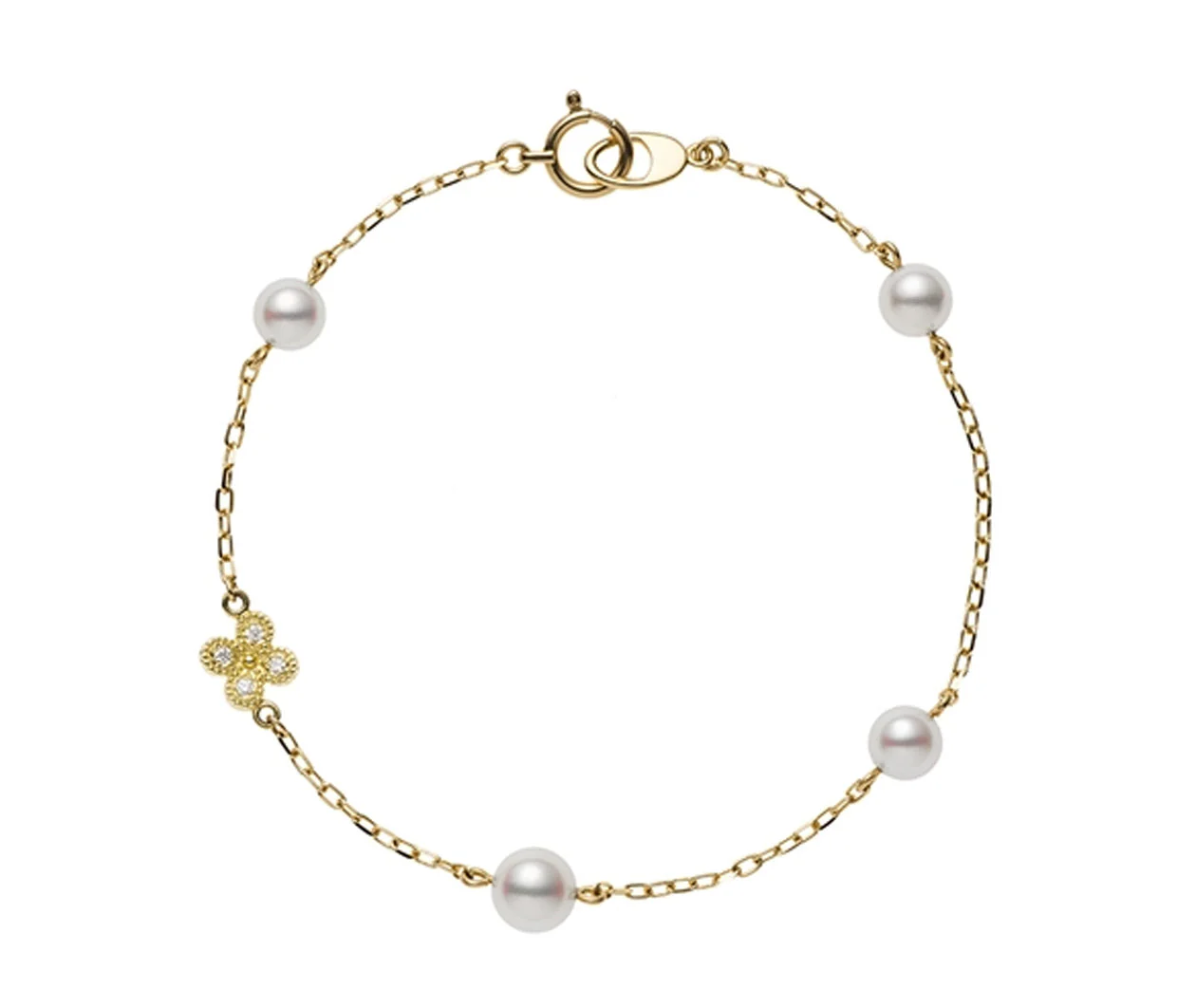 Station Clover Charm Akoya Cultured Pearl Station Bracelet in Yellow Gold