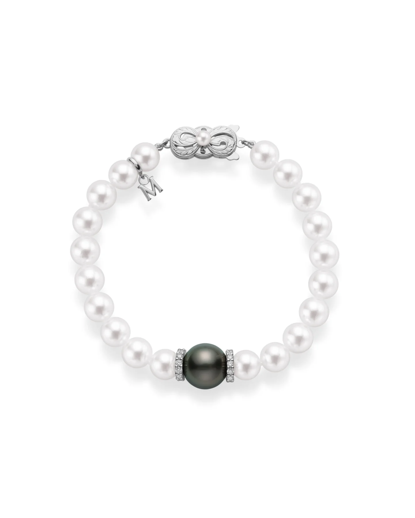 Fusion Akoya and Black South Sea Cultured Pearl Bracelet with Diamonds Set in 18k White Gold